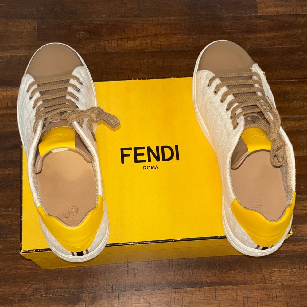 Fendi Cream and Brown Sneakers with Yellow Accents
